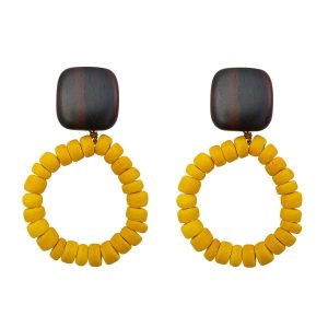 a yellow hoop earring made up of a loop of round coconut shell beads attatched to a dark wood square that sits on the ear