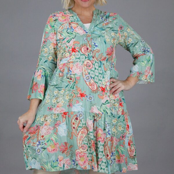 Pistachio tiered tunic dress with bell sleeves