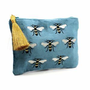 blue bee embroidered velvet pouch