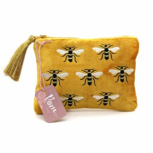 gold velvet pouch with embroidered bees and gold tassle