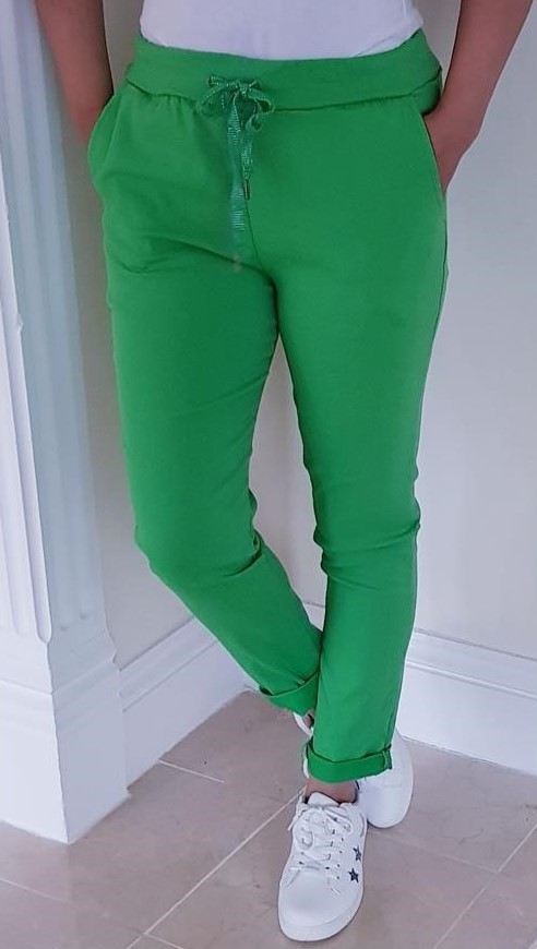apple green stretch trousers with drawstring waistband