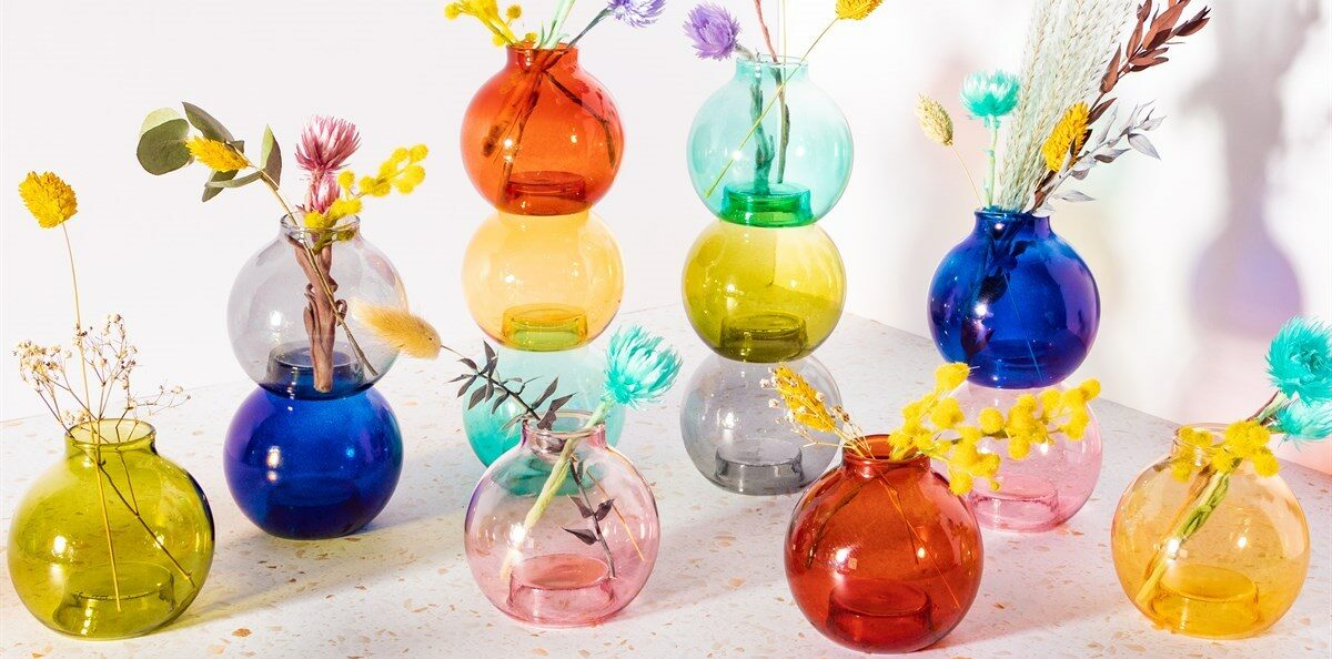 multi coloured stackable glass bud vases