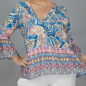 Print blouse in shades of blue and pink