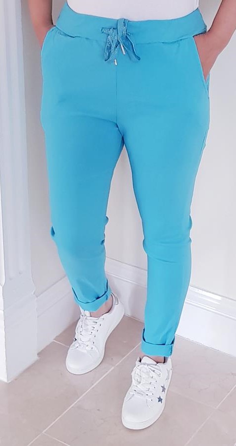bright blue stretch trousers with drawstring waist