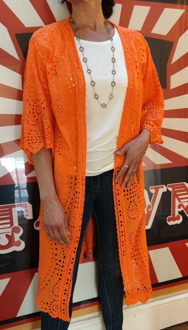 orange cotton open front kimono in broderie anglais lace