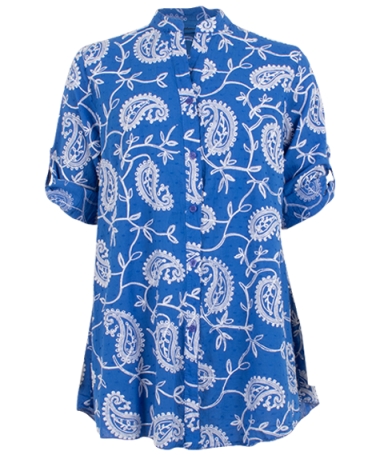 Blue cotton blouse with paisley embroidery in white