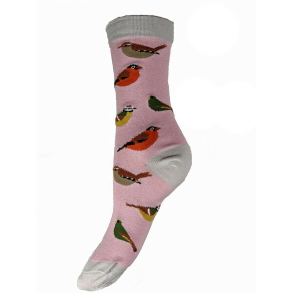 bamboo socks in pink with garden birds all over them