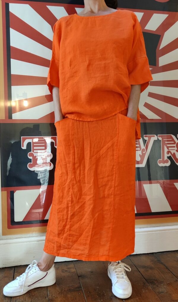 tangerine linen two piece outfit