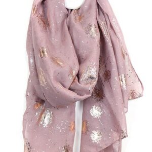 A dusky pink scarf over printed with a silver foil print of dandelions