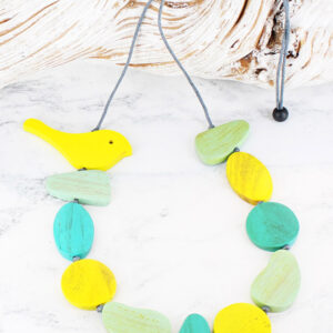 Wooden necklace in yellow, aqua and mint with a wooden bird at the top