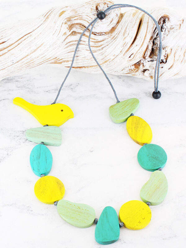 Wooden necklace in yellow, aqua and mint with a wooden bird at the top