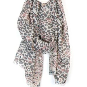 an animal print scarf in shades of pink, grey and ecru with silver foil overprint