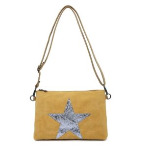 A yellow canvas bag with a long brown coloured handle decorated with a silver glitter star on the front against a white background.
