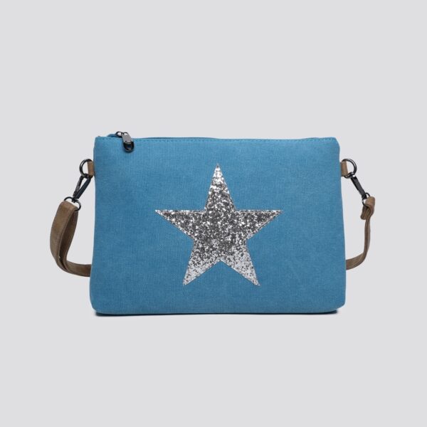 A turquoise canvas handbag decorated with a silver glitter star on the front, with a long brown handle against a white background