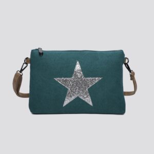 A teal coloured canvas bag with a glittery silver star decoration on the front against a white background