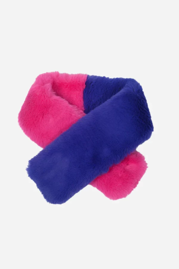 A fluffy faux fur scarf half in bright pink and half in royal blue
