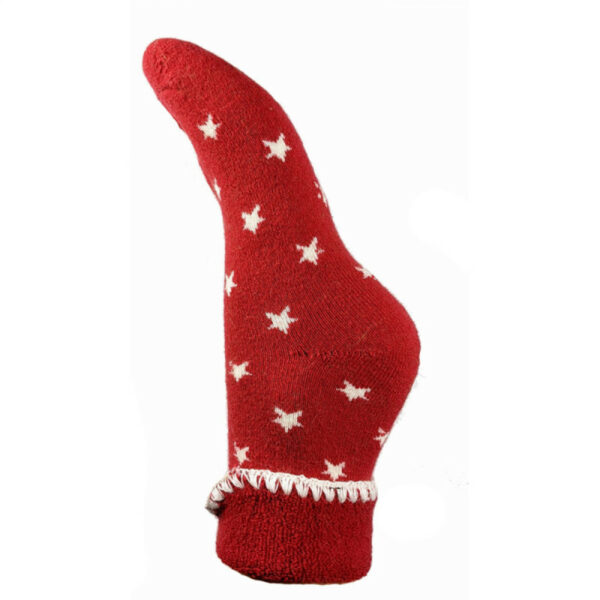 A single red wool sock with white star design and white blanket stitched eding around the turnover cuff
