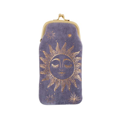 a velvet glasses pouch in grey velvet with a golden sun design printed on the front