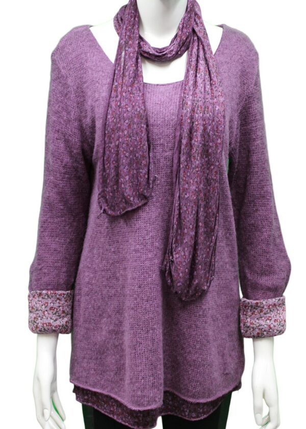 a purple mohair knit jumper with a floral jersey under layer and matching purple scarf