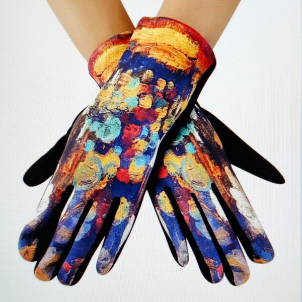 a pair of ladies hands wearing gloves with a bright splashy painterly print in yellows, greens and purples