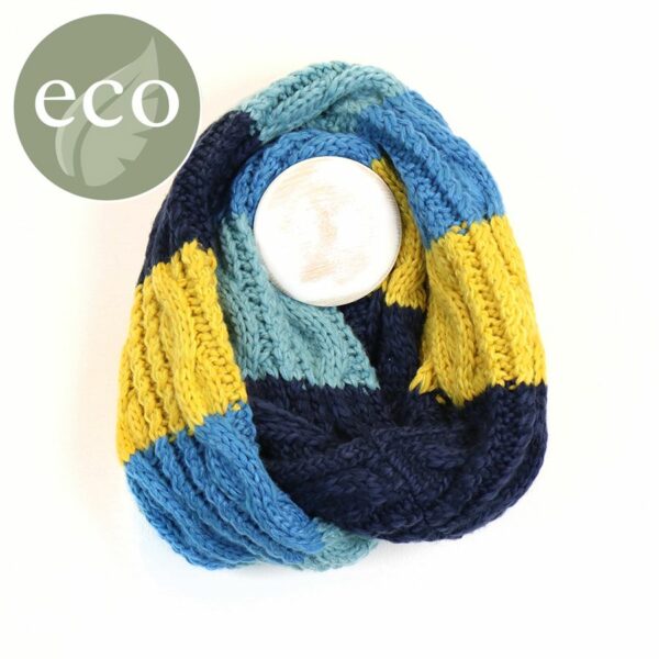 a thick knitted stripped scarf in shades of navy, yellow, and bright blue looped around a wooden peg