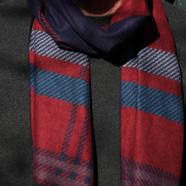 a picture of a red scarf with navy and burgandy striped ends