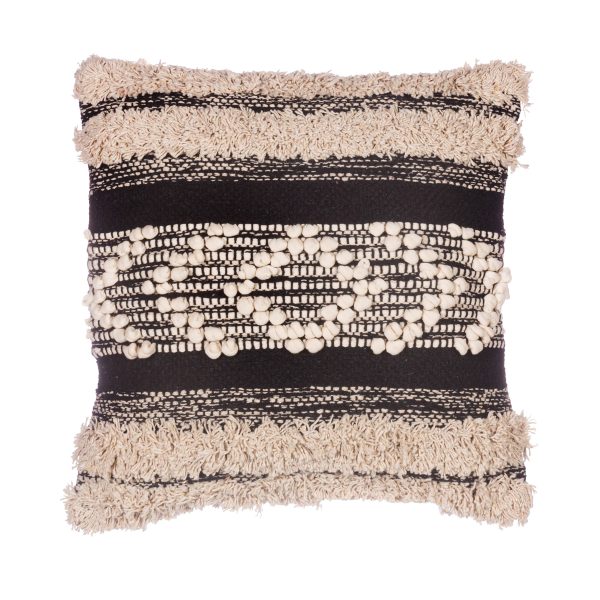 a black and stone cotton cushion with a woven texture, and pulled thread detail in the centre, with two tufted ends