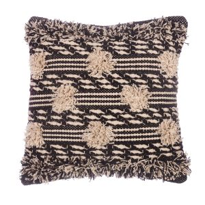 a square cushion with a black and stone textured woven design, with tufted pompoms and edging