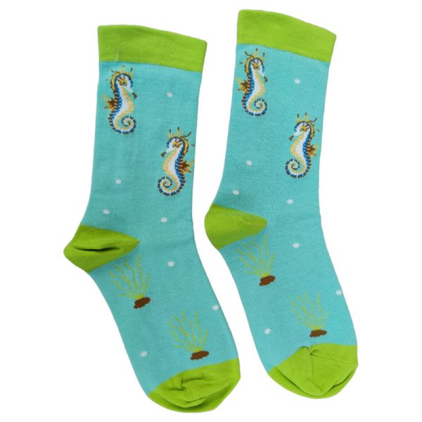 a pair of aqua blue socks with a seahorse and seaweed design on them, with lime green heels and toes on a white background