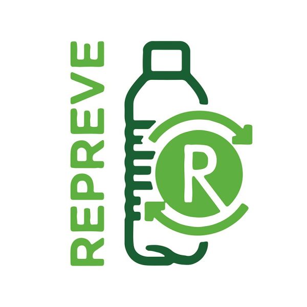 the logo for Repreve a fabric made from recycling plastic bottles