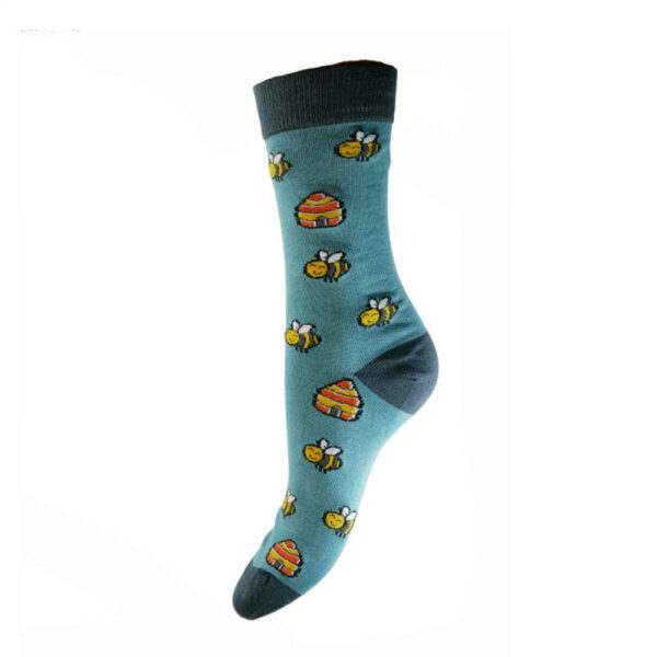 Bamboo socks in airforce blue with grey cuff, toes and heel and an allover design of yellow striped bees and orange hives