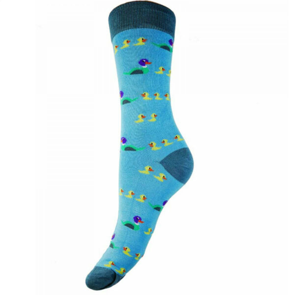 bamboo socks in bright blue with grey cuffs, heel and toes, covered in a design of green adult ducks and tiny yellow ducklings following behind
