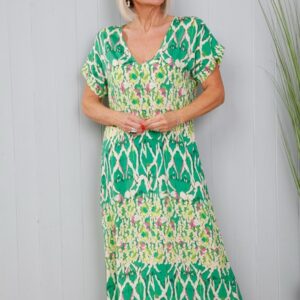 an emarald and lime green watercolour print long dress with short sleeves and a v neck