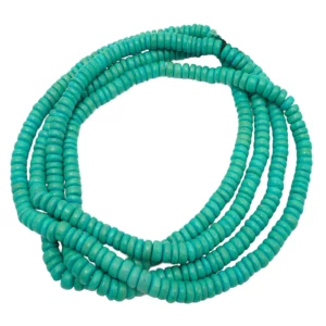 a turquoise blue long strand wood bead necklace shown looped three times on a white ground.