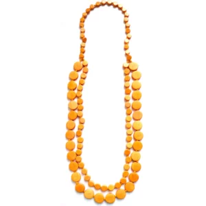 a yellow wooden disc necklace with two strands with bead discs of differing sizes