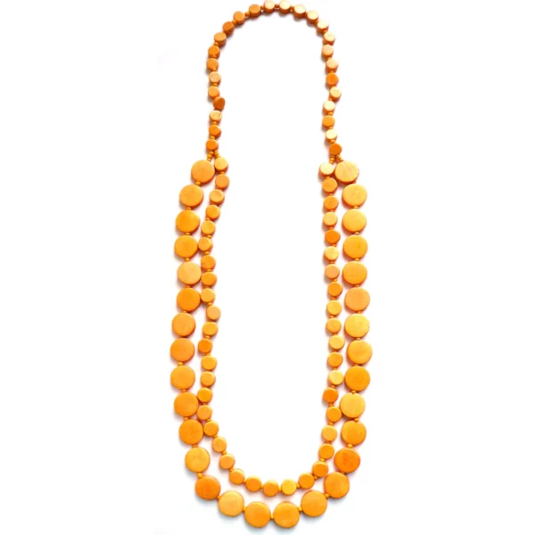 a yellow wooden disc necklace with two strands with bead discs of differing sizes