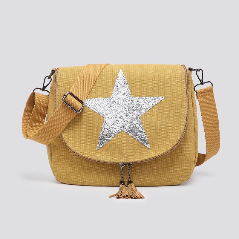 Mustard Canvas Silver Star Messenger Bag - Rainbow and Spoon Boutique