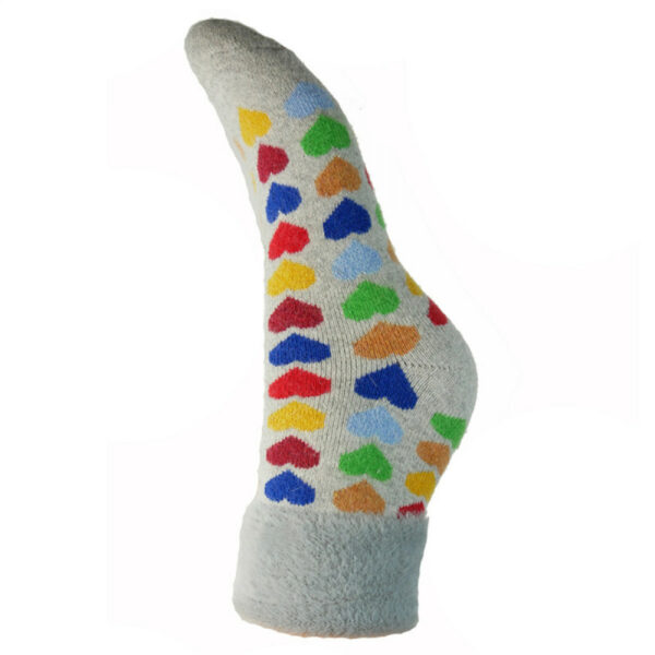 grey socks with rainbow coloured hearts on them and a silky grey furry turn over cuff