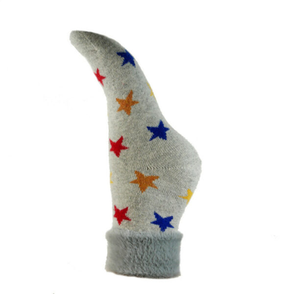grey socks with assorted coloured hearts on them and a silky furry turn over cuff