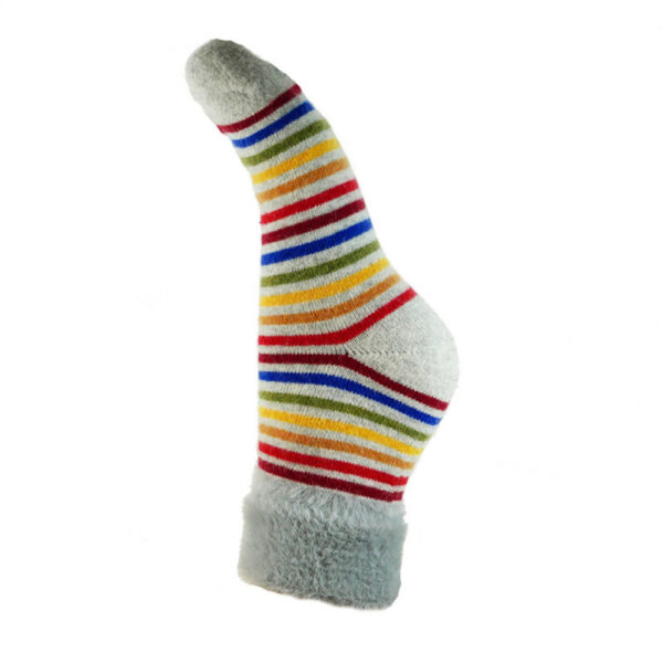 a pair of grey socks with fine rainbow stripes and a fluffy grey roll down cuff