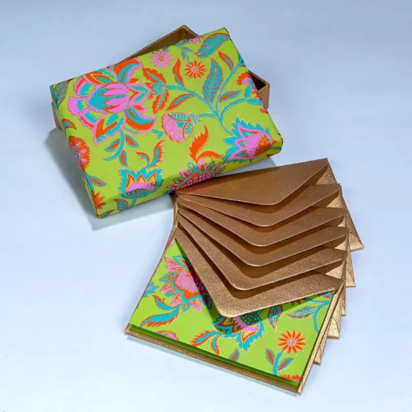 green notecards with gold envelopes