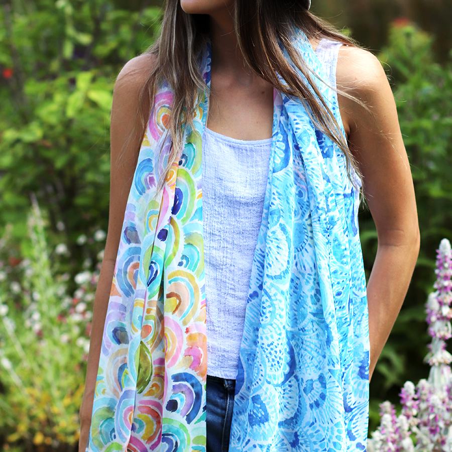 pom blue watercolour rainbow scarf Rainbow and Spoon Oxford blue watercolour rainbow scarf