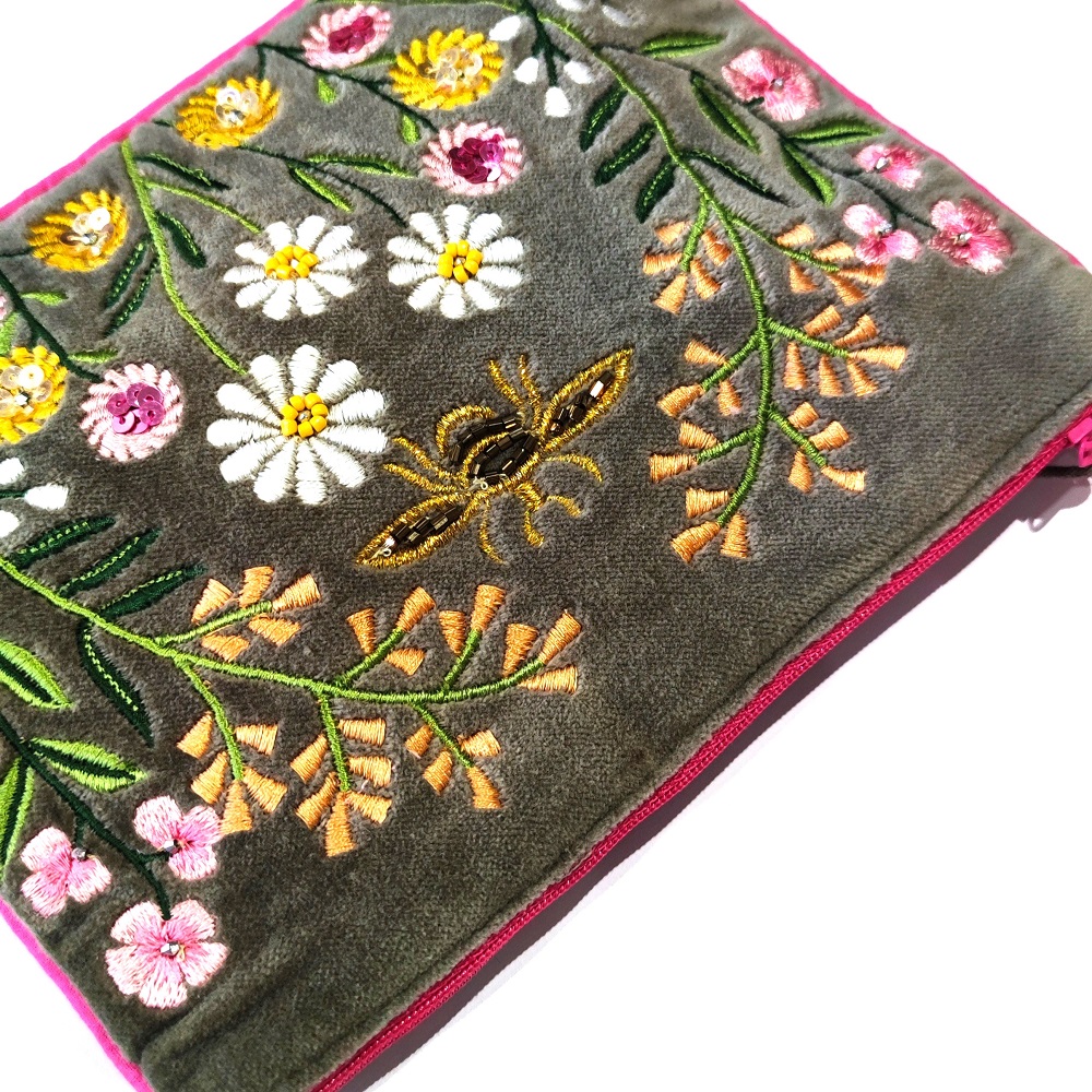 sage velvet floral pouch