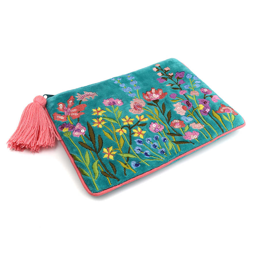 PoM turquoise velvet flower pouch Rainbow and Spoon Oxford teal velvet floral pouch
