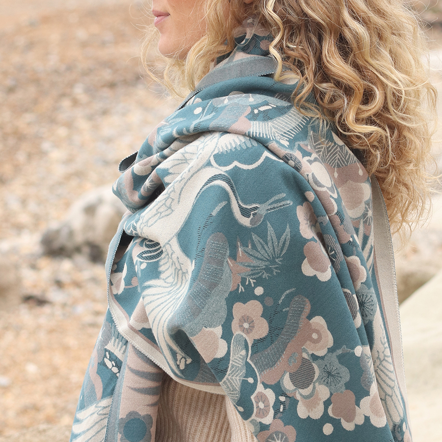 PoM teal crane wrap Rainbow and Spoon Oxford teal crane pashmina wrap