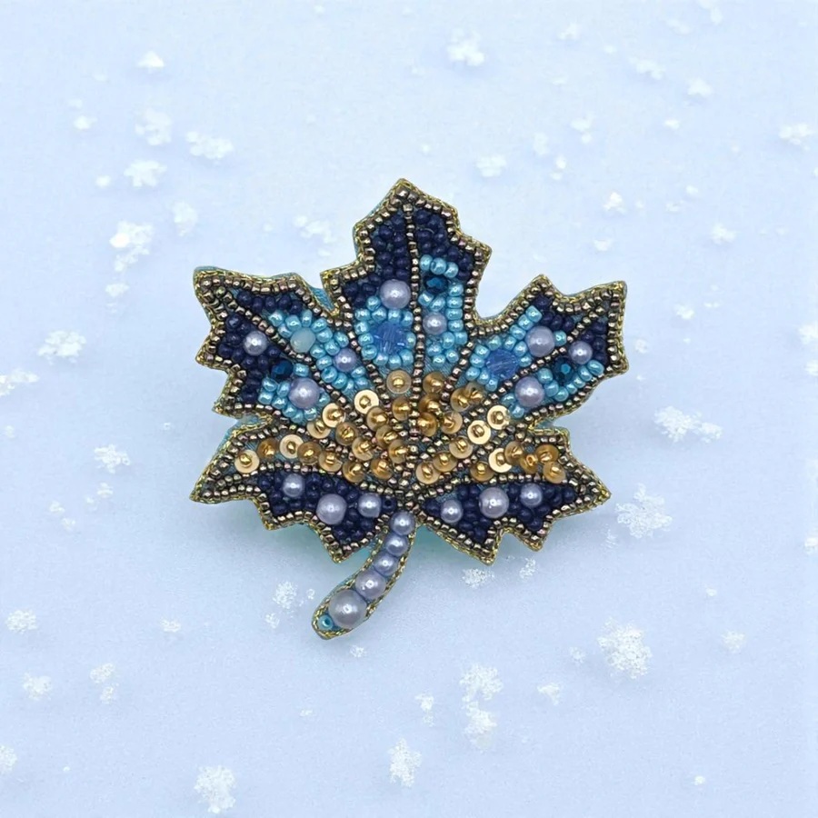 beaded blue leaf brooch