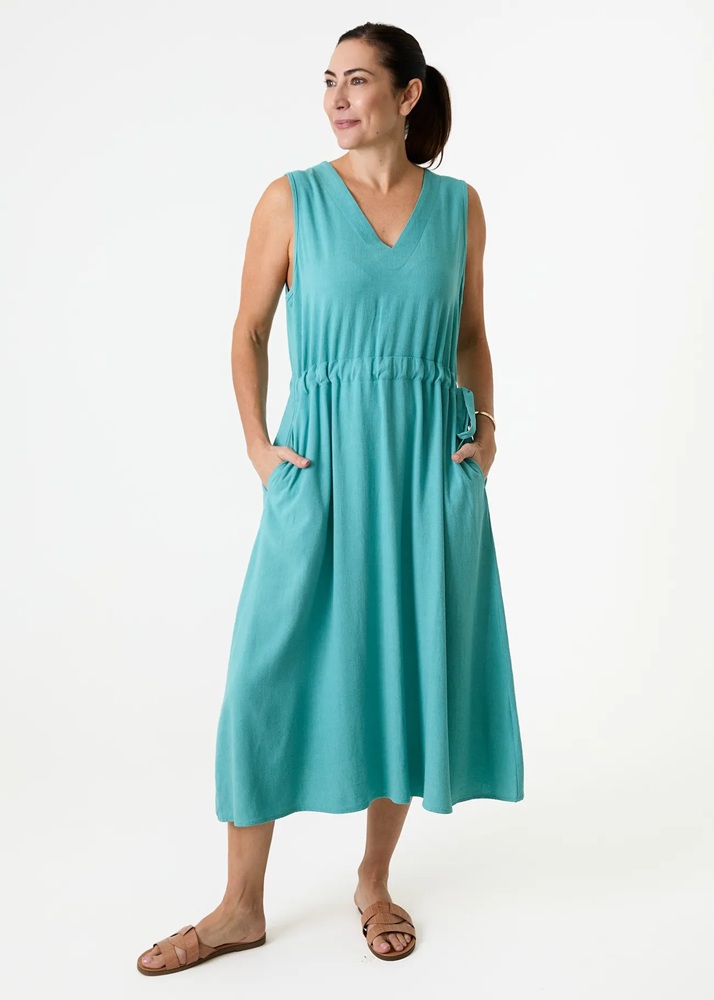 blue tie waist dress