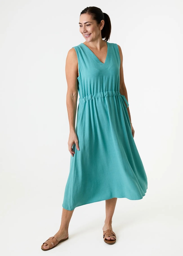 seafoam linen dress Rainbow and Spoon Oxford blue tie waist dress