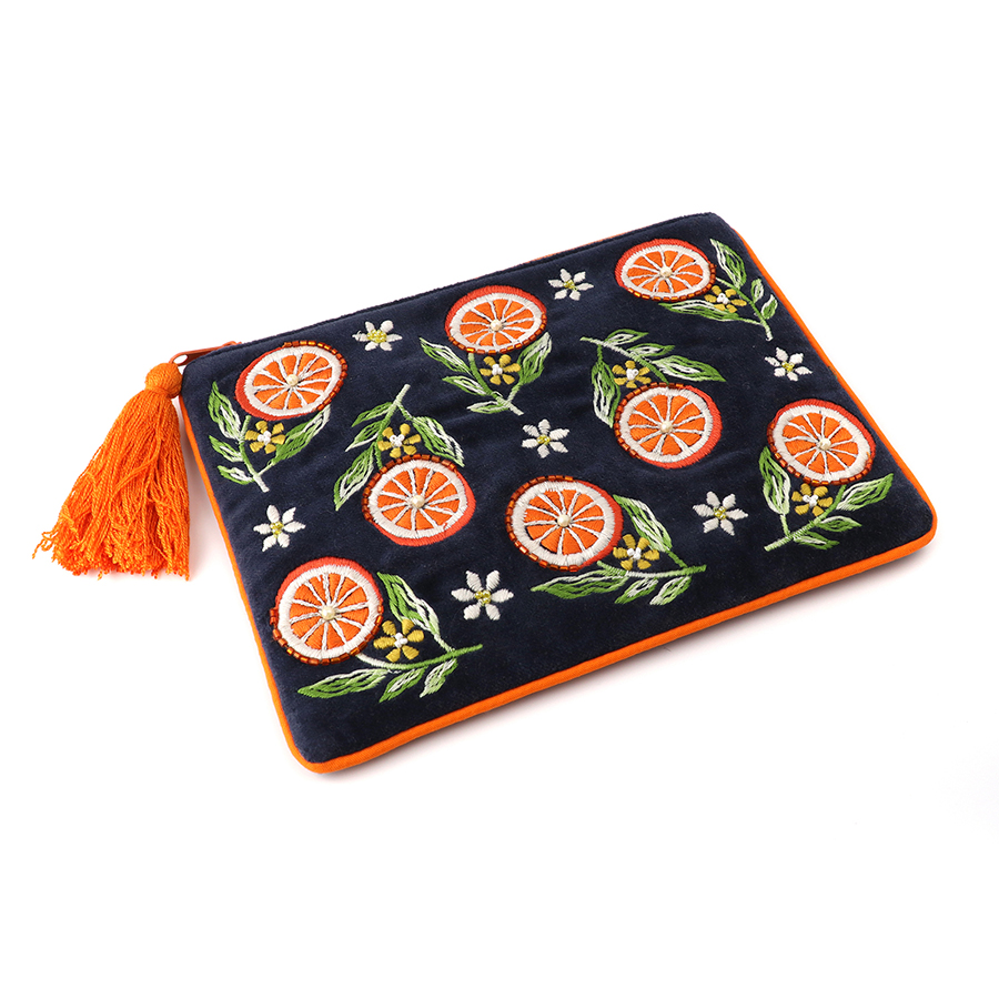 embroidered oranges velvet pouch