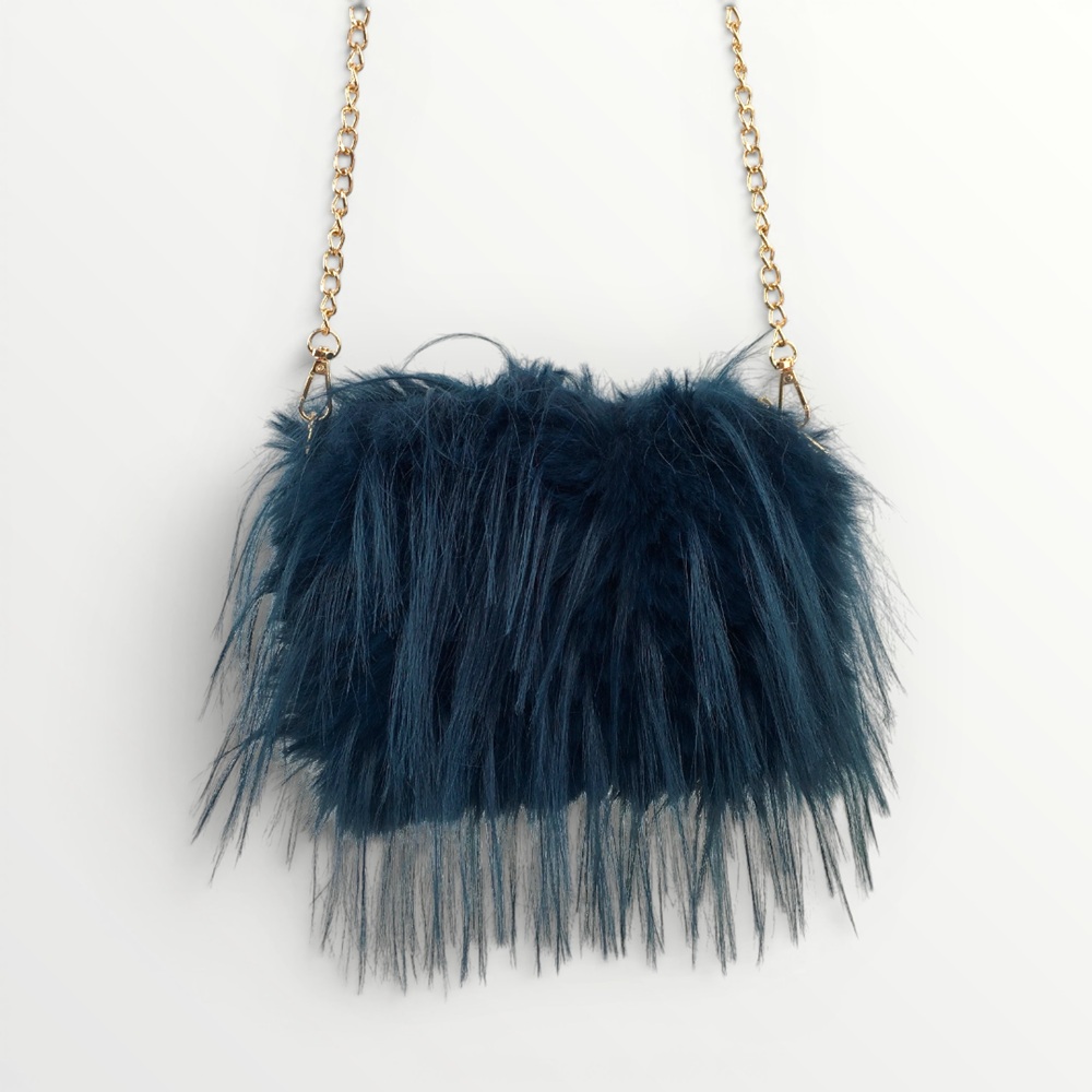 navy fluffy faux fur bag Rainbow and Spoon Oxford navy faux fur bag